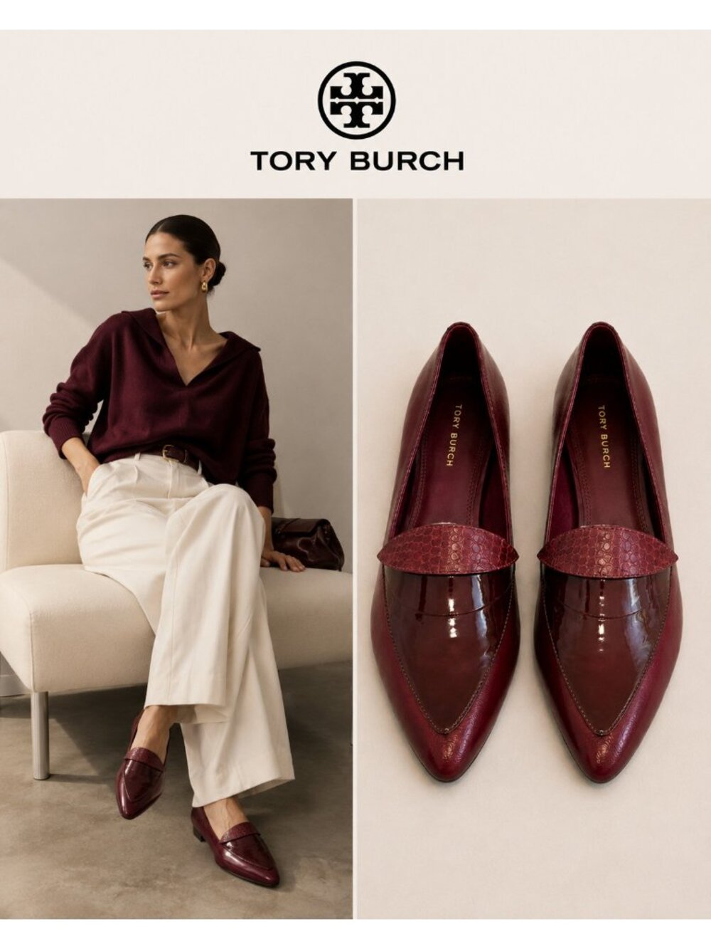 Tory Burch Burgundy Leather Pointed Toe Loafers Flats Women’s Size 9M
